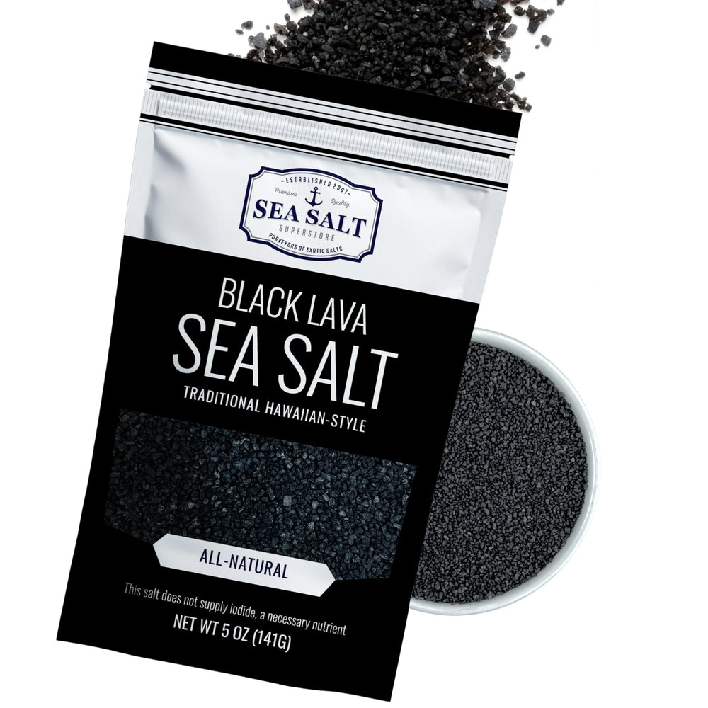 Sea Salt Superstore Black Lava Charcoal bottle showing versatile finishing salt