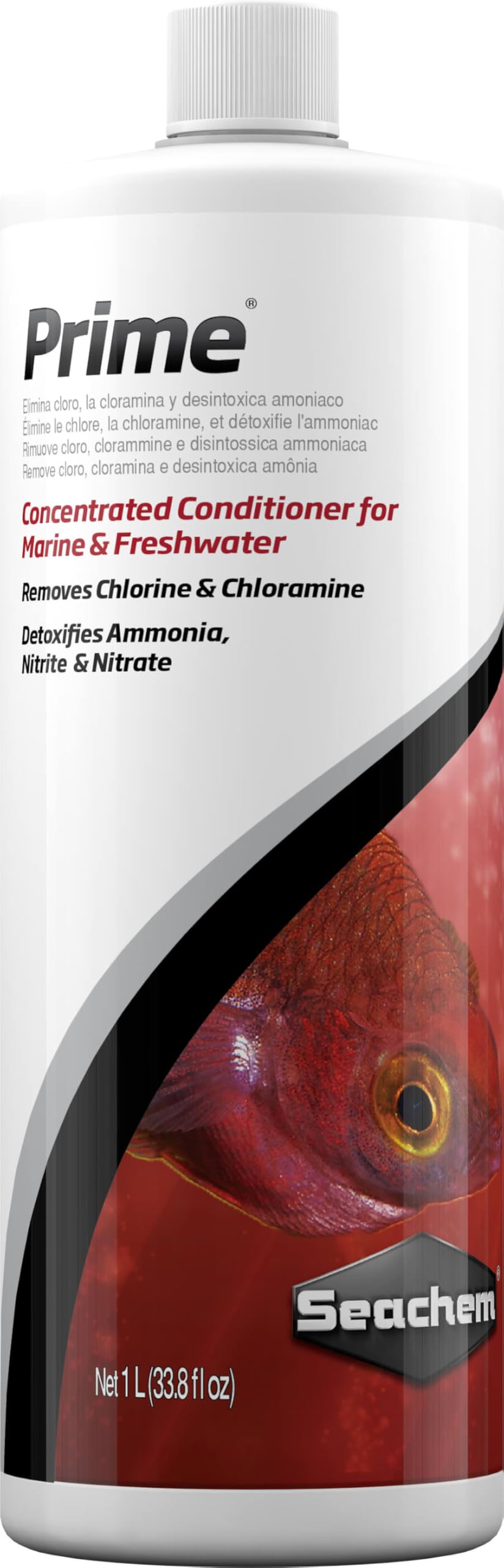 Seachem Prime bottle pour shows quick chlorine removal for safe water changes