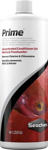 Seachem Prime bottle pour shows quick chlorine removal for safe water changes