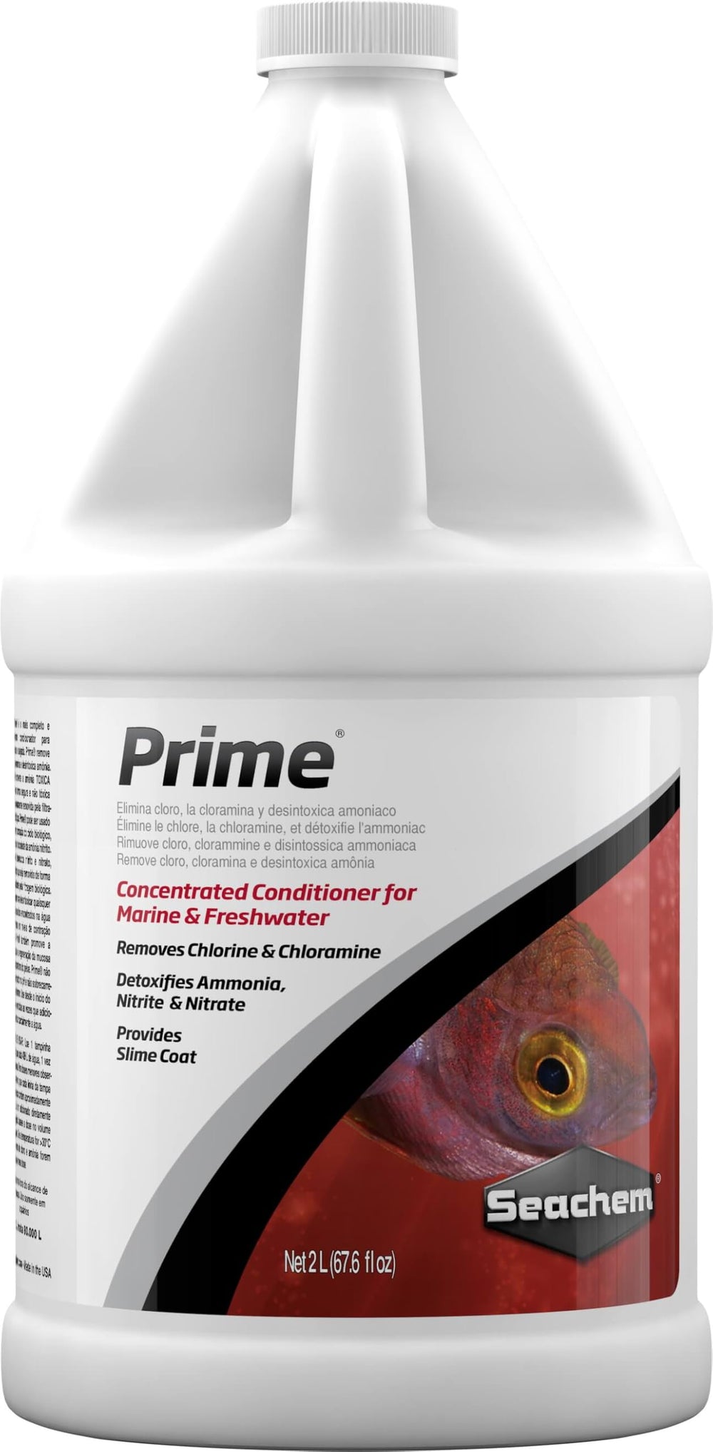 Seachem Prime water conditioner bottle pour; prepares safe aquarium water by removing chlorine and metals.