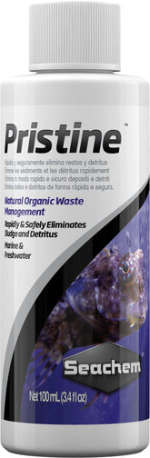 Seachem Pristine, bouteille 100 ml, facilite la gestion des déchets et l’eau plus claire.