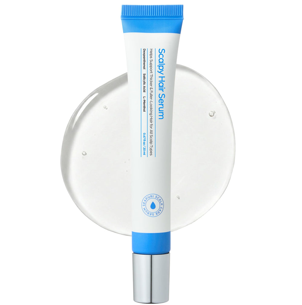 Seapuri Scalpy bottle close-up showing a lightweight scalp serum for quick absorption