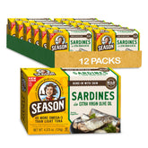 Season Sardines in EVOO front tin, protein-packed snack ready to enjoy