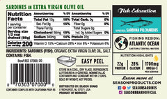 Season Sardines EVOO tin side view, convenient pantry staple for meals