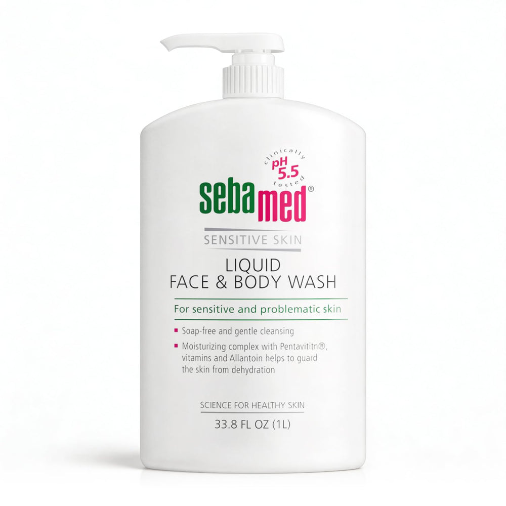 SEBAMED sensitive skin wash bottle pouring, gentle cleanse for face and body.