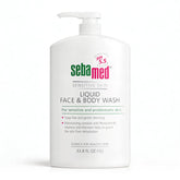 SEBAMED sensitive skin wash bottle pouring, gentle cleanse for face and body.