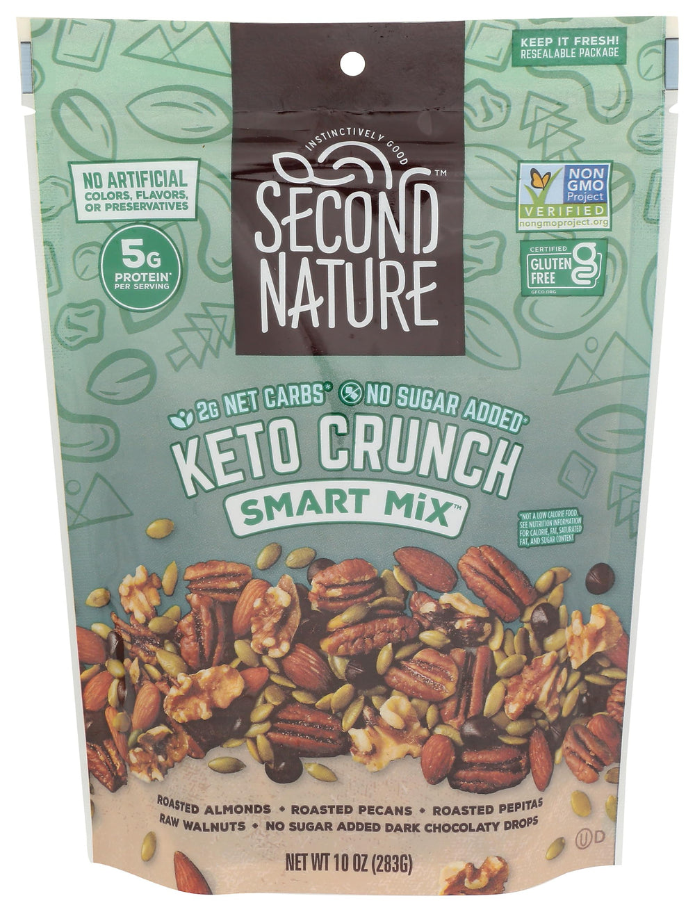 Second Nature Keto Crunch packaging featuring resealable pouch for convenient snacking.
