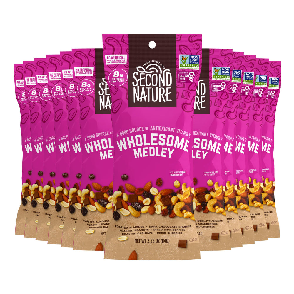 Second Nature Wholesome Medley Trail Mix 12-pack pouch shown for travel snacking.