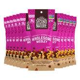 Second Nature Wholesome Medley Trail Mix 12-pack pouch shown for travel snacking.