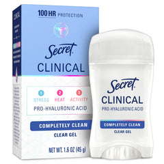 Secret Clinical Strength bottle with clear gel front view highlighting long-lasting protection.