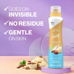 Secret Dry Spray bottle back view highlighting gentle-on-skin formula.