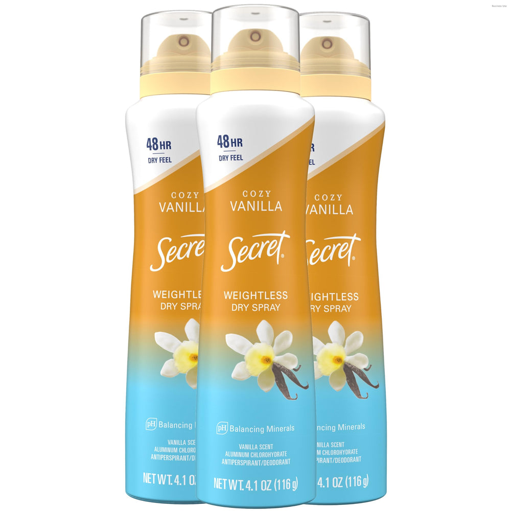 Secret Dry Spray logo and product showing instant dry feel for comfortable wear