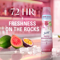 Secret Dry Spray packaging display highlights convenient 4.1 oz size for everyday use.