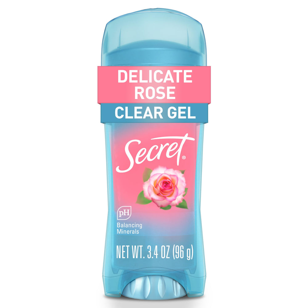 Secret Fresh antiperspirant bottle closeup shows clear gel for fast, residue-free drying.