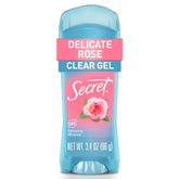 Secret Fresh antiperspirant bottle closeup shows clear gel for fast, residue-free drying.
