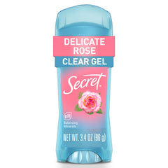 Secret Fresh antiperspirant bottle closeup shows clear gel for fast, residue-free drying.
