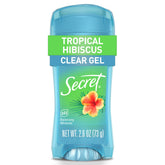 Secret Fresh antiperspirant bottle close-up, clear gel for lasting freshness.