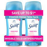 Secret invisible solid deodorant in powder-fresh twin-pack provides all-day protection.