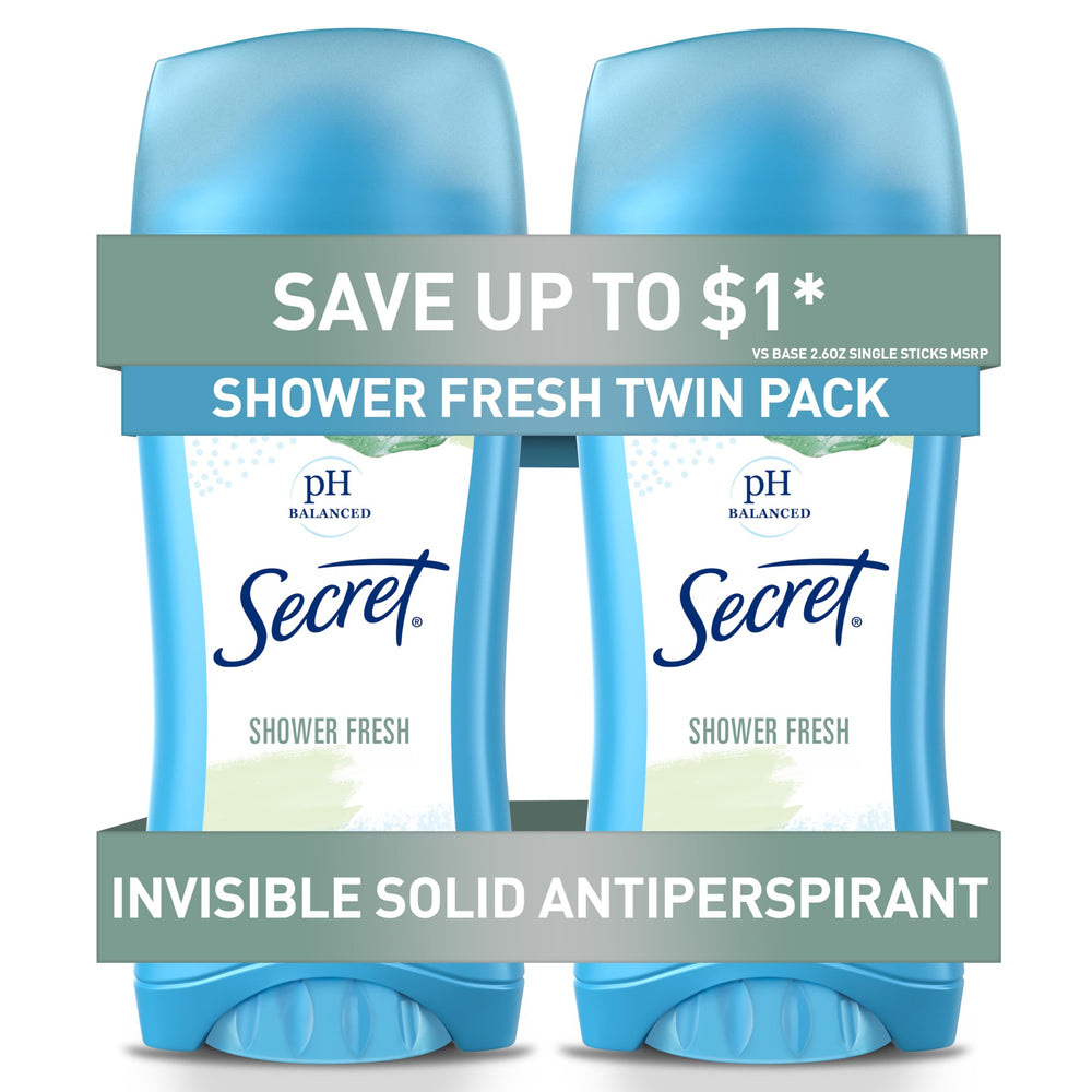 Secret Invisible Solid Shower Fresh pack shows all-day freshness.