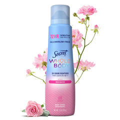 Secret Whole Body deodorant bottle with rosewater scent for all-day freshness.