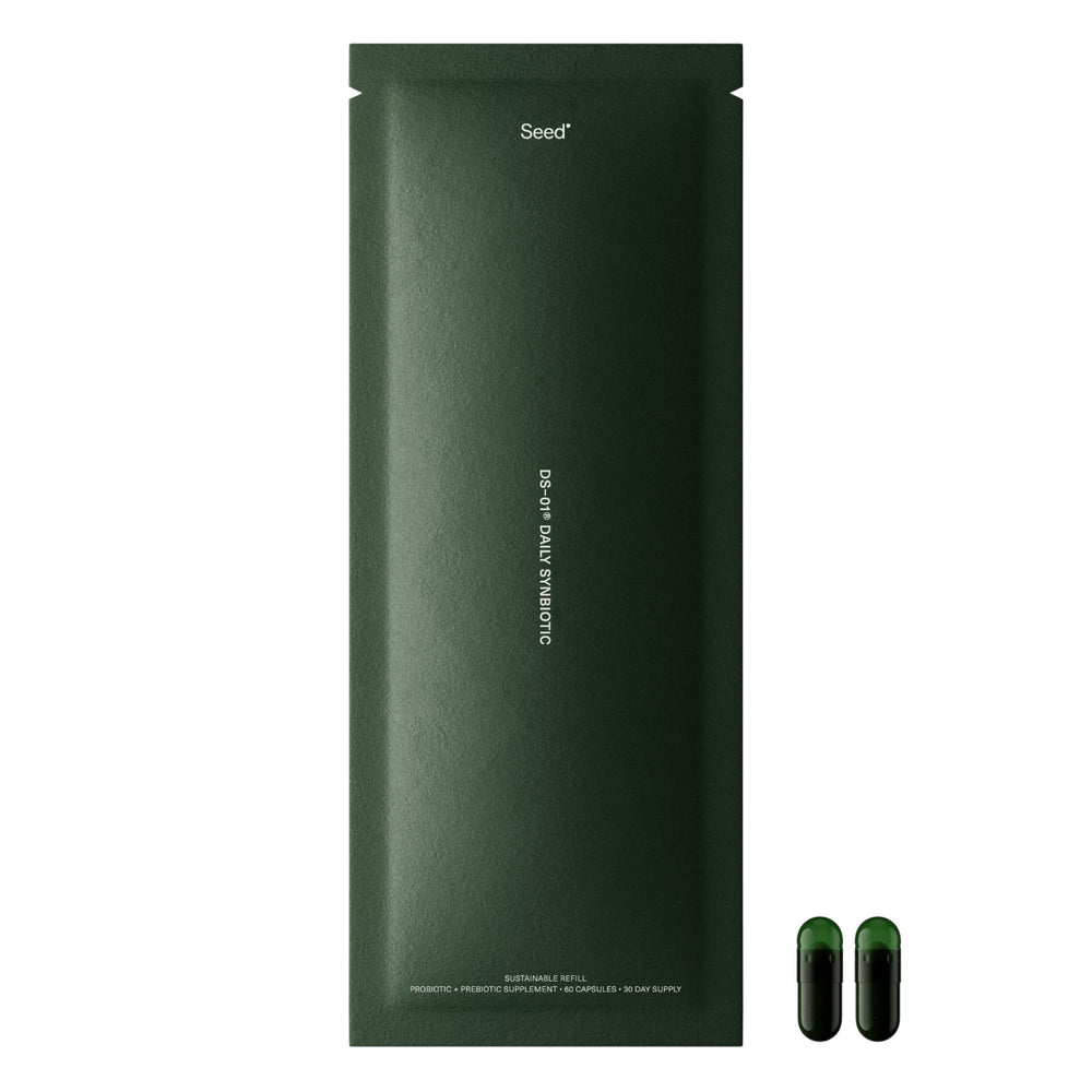 Seed DS-01 daily synbiotic bottle showing vegan, shelf-stable packaging for digestive balance