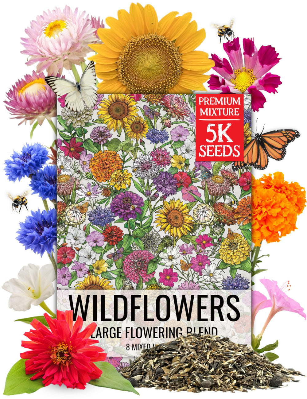 Seed Needs large blooms mix packets showing colorful wildflowers for a pollinator-friendly garden