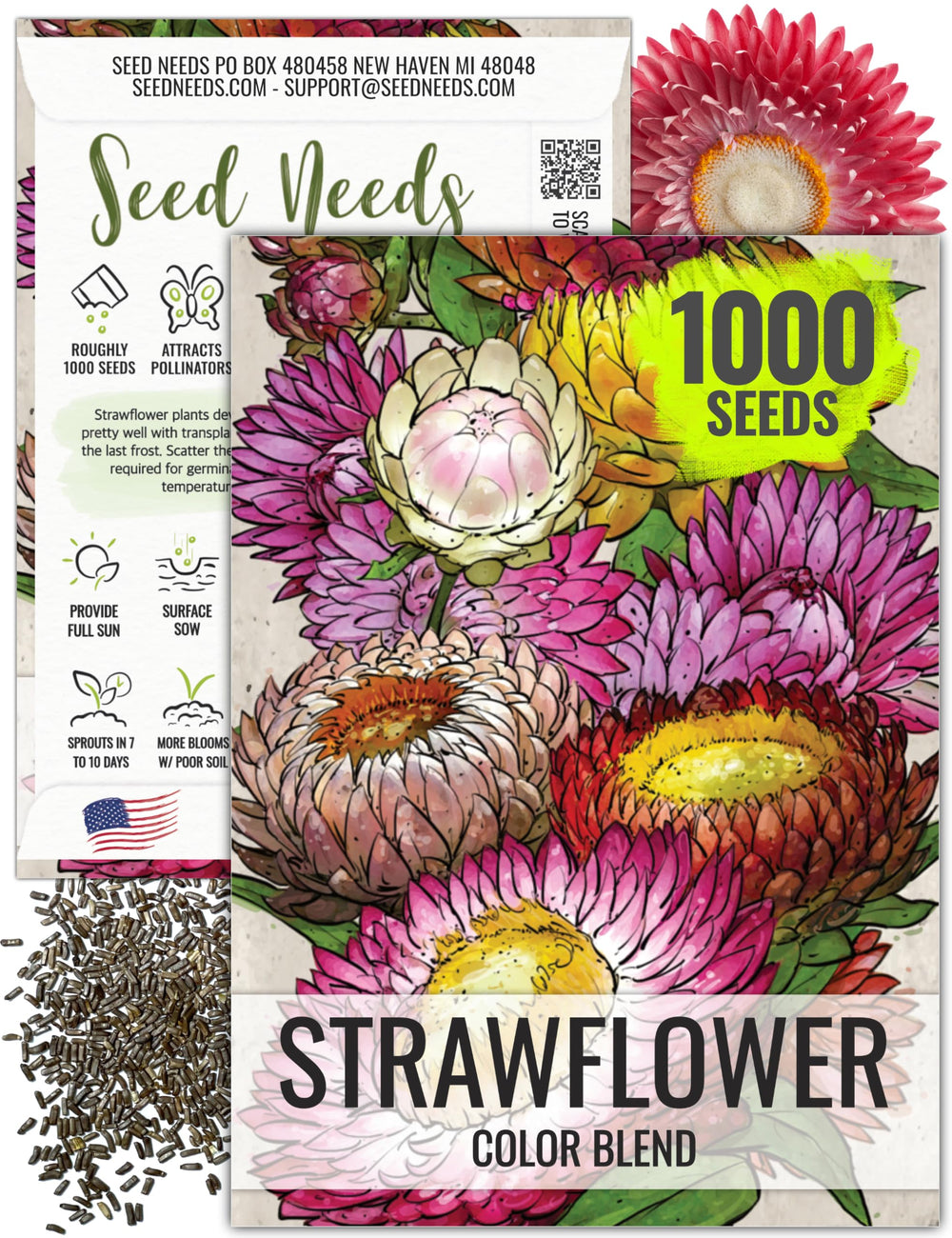 Seed Needs strawflower seeds packaging with sowing guide for successful planting.