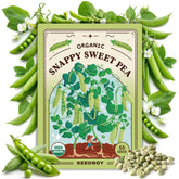 Seedboy Sugar Snap Pea seeds packet front shows organic quality for home gardens.