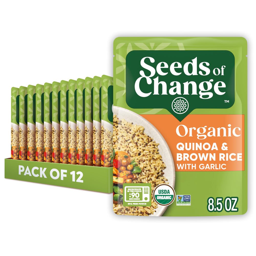 SEEDS OF CHANGE packaging for Organic Quinoa and Brown Rice with Garlic, ready for quick meals.