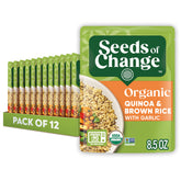 SEEDS OF CHANGE packaging for Organic Quinoa and Brown Rice with Garlic, ready for quick meals.