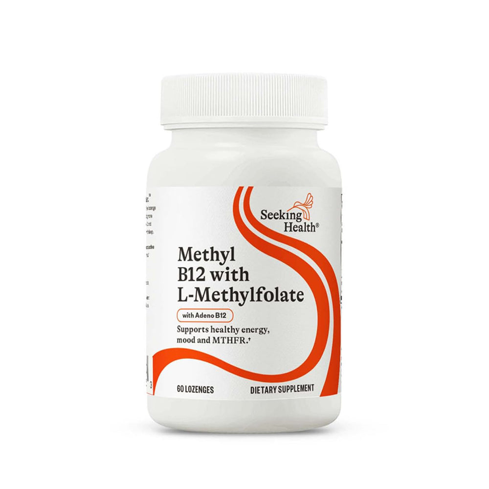 Seeking Health Methyl B12 lozenge bottle front, highlighting energy support potential.