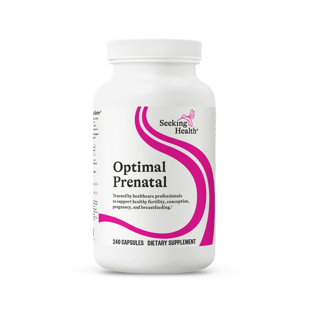 Seeking Health Optimal Prenatal bottle front showing a trusted vegetarian prenatal option for pregnancy support