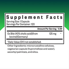 Seeking Health Ox Bile 125 bottle back with supplement facts and directions for use