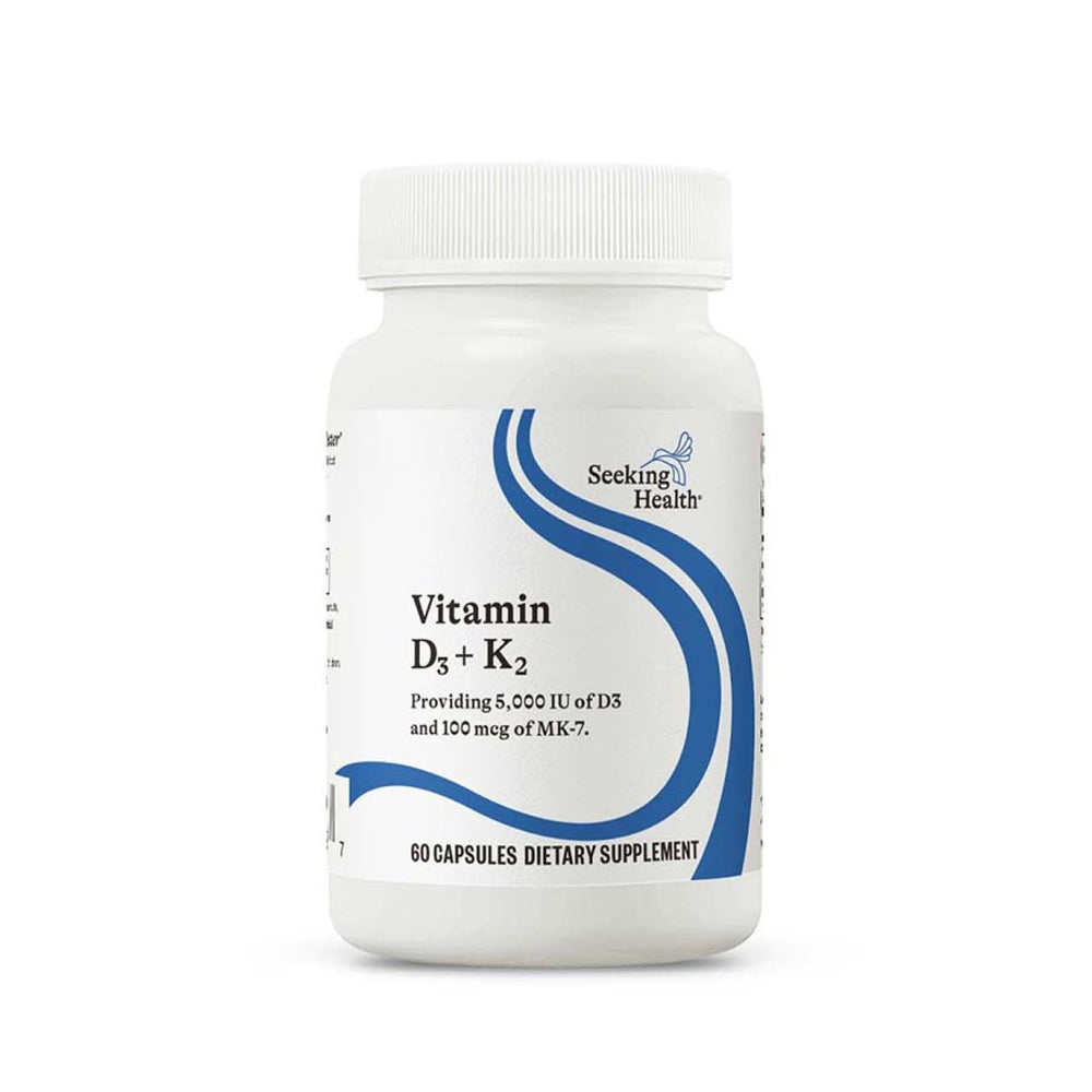 Seeking Health vitamin D3 and K2 bottle with 60 vegetarian capsules for bone and immune support.