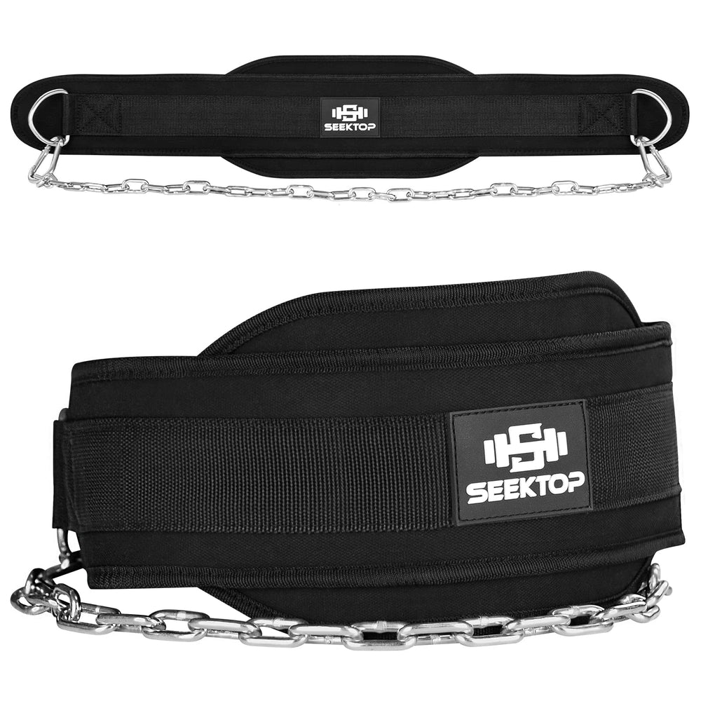 Seektop dip belt with chain close-up, highlighting rugged build for heavy training.