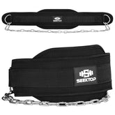Seektop dip belt with chain close-up, highlighting rugged build for heavy training.
