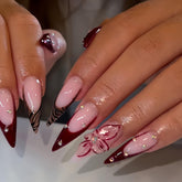 SEENEEY long-press nails stiletto brown with pink flowers for party-ready elegance.