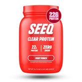 SEEQ Clear Whey Isolate Fruit Punch tub front showcases a refreshing protein option