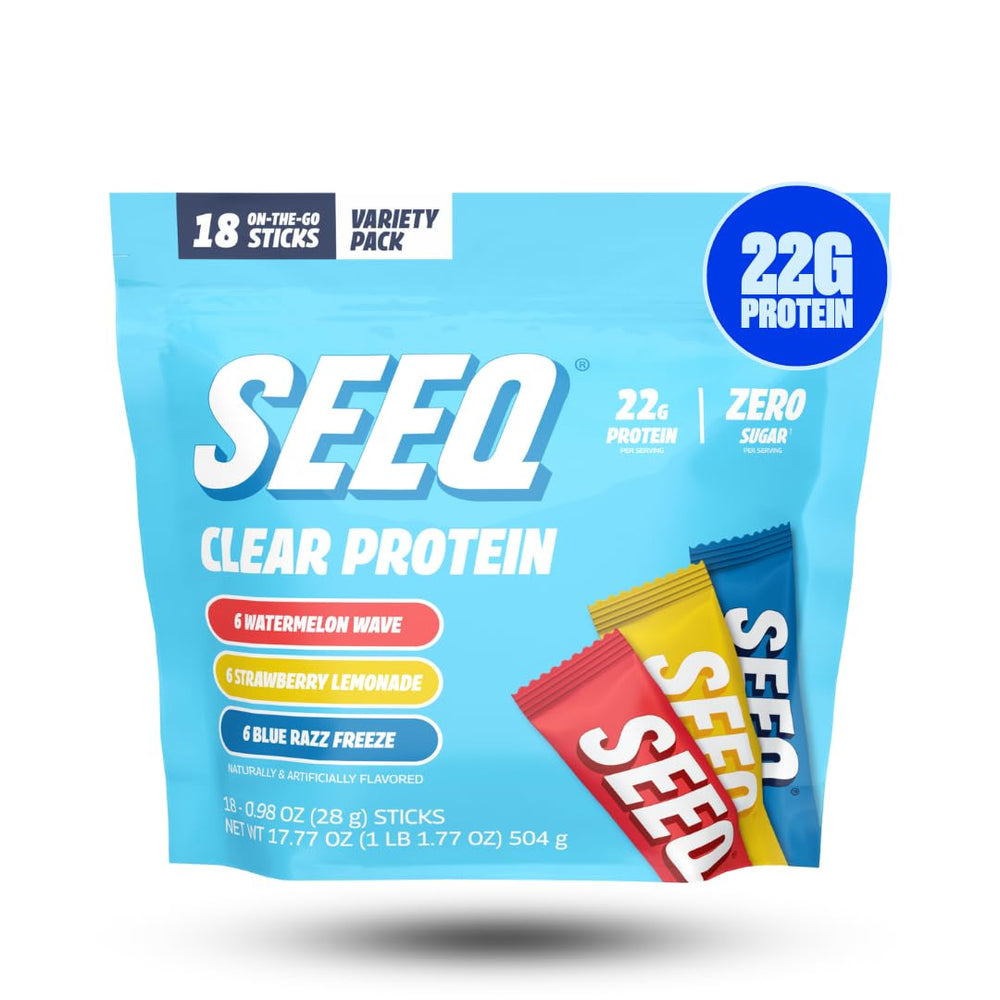 SEEQ protein powder sample pack with 18 stick packs for post-workout refuel