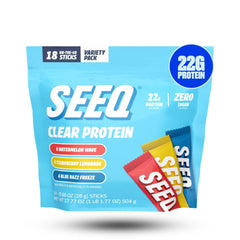 SEEQ protein powder sample pack with 18 stick packs for post-workout refuel