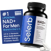 Selerb NAD supplement for men bottle label highlights liposomal NAD+ benefits
