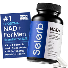 Selerb NAD supplement for men bottle label highlights liposomal NAD+ benefits