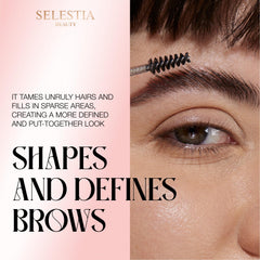 Selestia Beauty Clear Eyebrow Gel close-up shows brow hairs tamed with the wand.