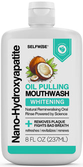 SELFWISE nano-hydroxyapatite oil pulling bottle demonstrating enamel support and whitening potential