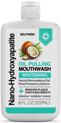 SELFWISE nano-hydroxyapatite oil pulling bottle demonstrating enamel support and whitening potential