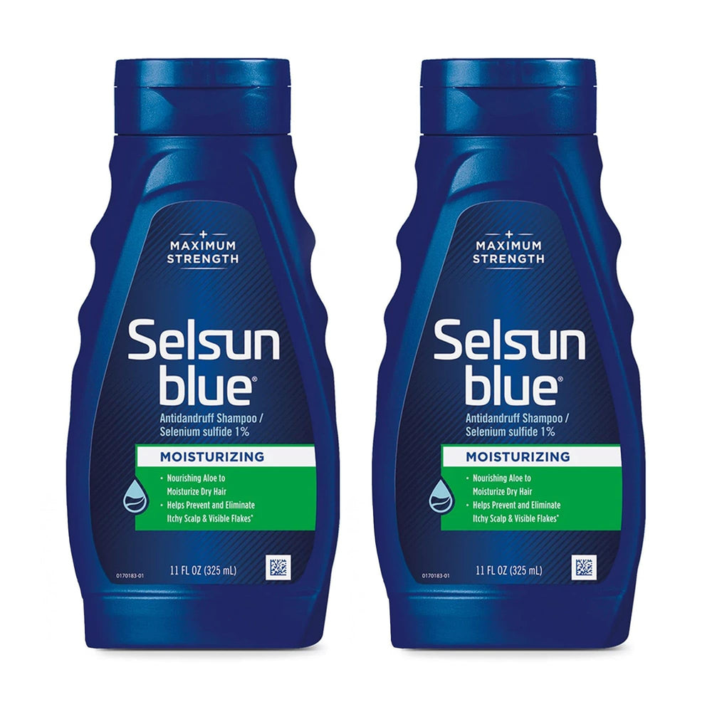 Selsun Blue moisturizing anti-dandruff shampoo bottle for daily relief.