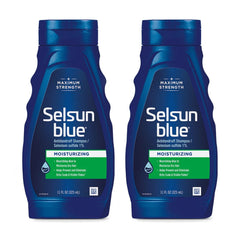 Selsun Blue moisturizing anti-dandruff shampoo bottle for daily relief.