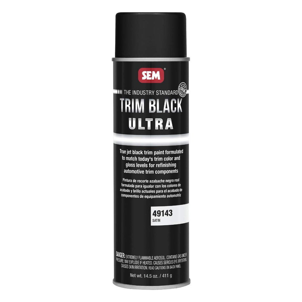 SEM 49143 Trim Black Ultra spray can with satin finish for metal and plastic surfaces