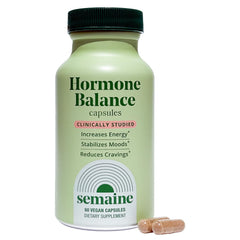 Semaine Hormone Balance bottle close-up showing vegan capsules for daily wellness and mood support.