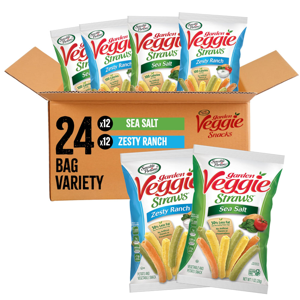 Sensible Portions Sea Salt veggie straws bag, light and crunchy for on-the-go snacking.